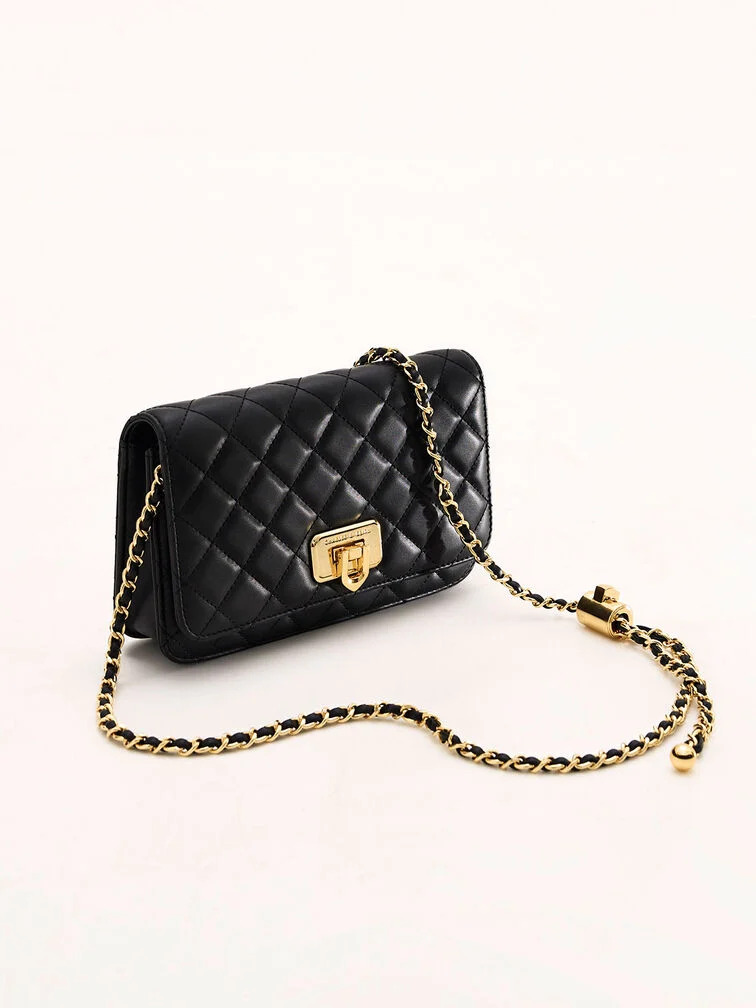 Black quilted push-lock clutch, Chanel Classic Flap dupe by Charles & Keith Cressida