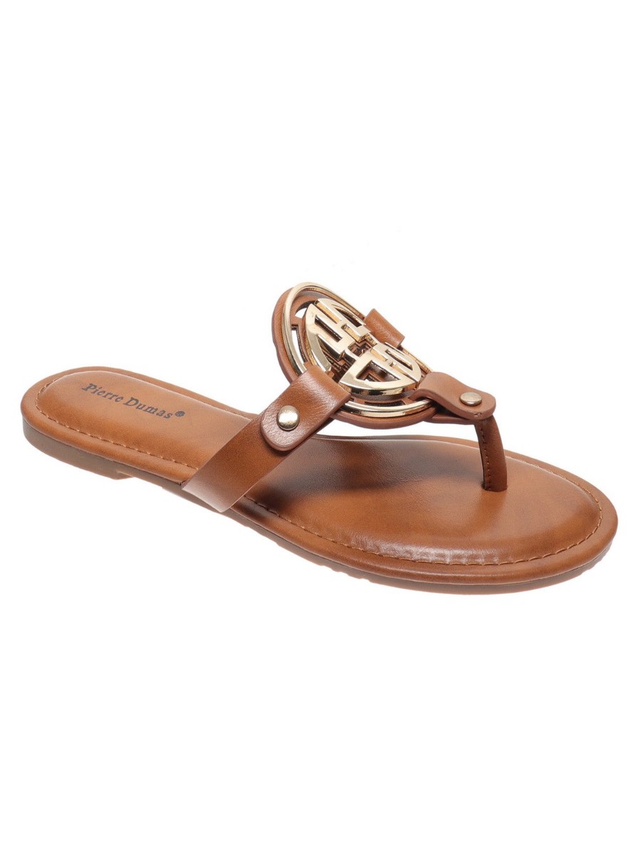 Pierre Dumas Limit-24 medallion thong sandals in tan and gold – Tory Burch Miller dupe at Target